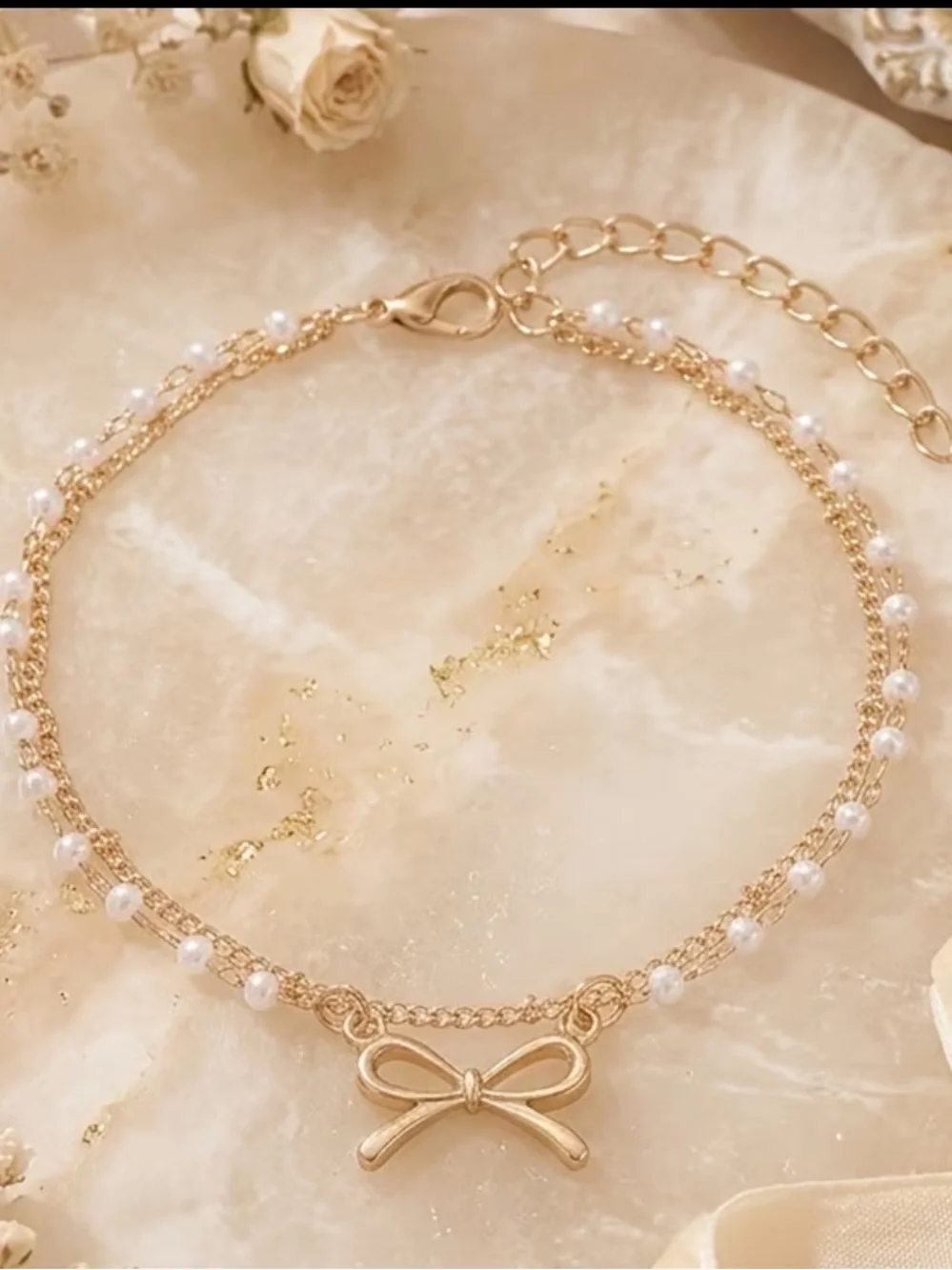 Vintage Gold Bow Pearl Anklet | Double Layer Beach Anklet | 14K Gold Plated